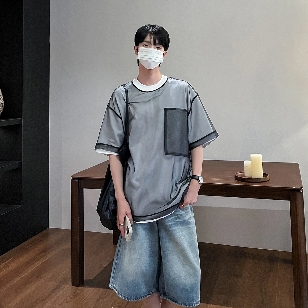 高林凡 假两件设计感网纱短袖T恤宽松个性氛围感薄纱拼接半袖上衣