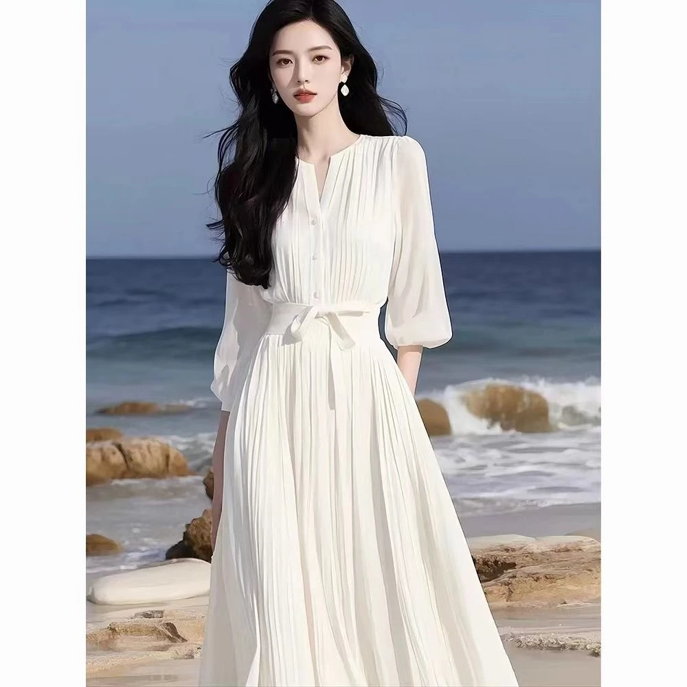 春夏法式名媛气质女神范女士感大方得体温柔风白色雪纺简约连衣裙