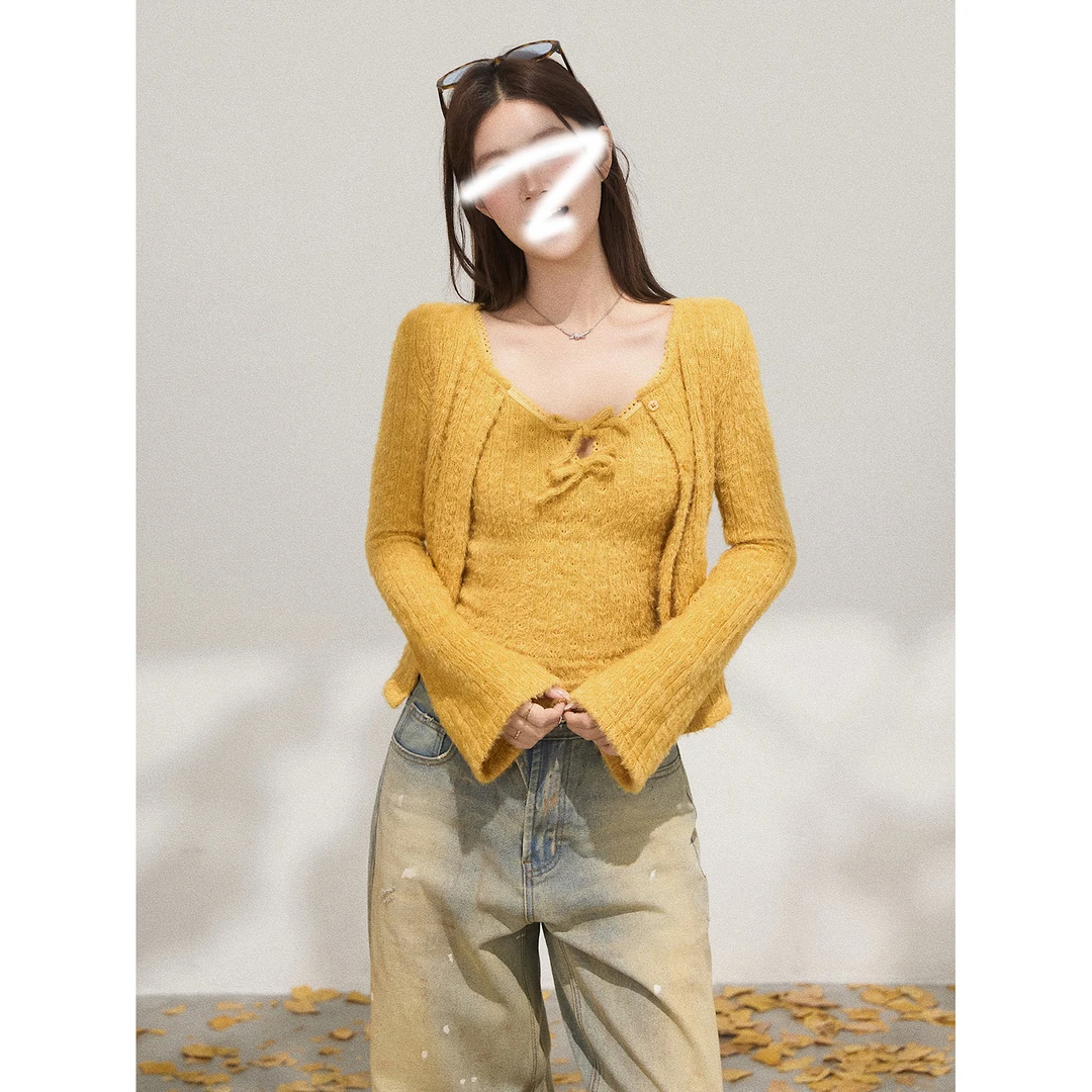 喇叭袖无领排扣毛衣开衫两件套女秋季系带内搭修身毛织背心套装女