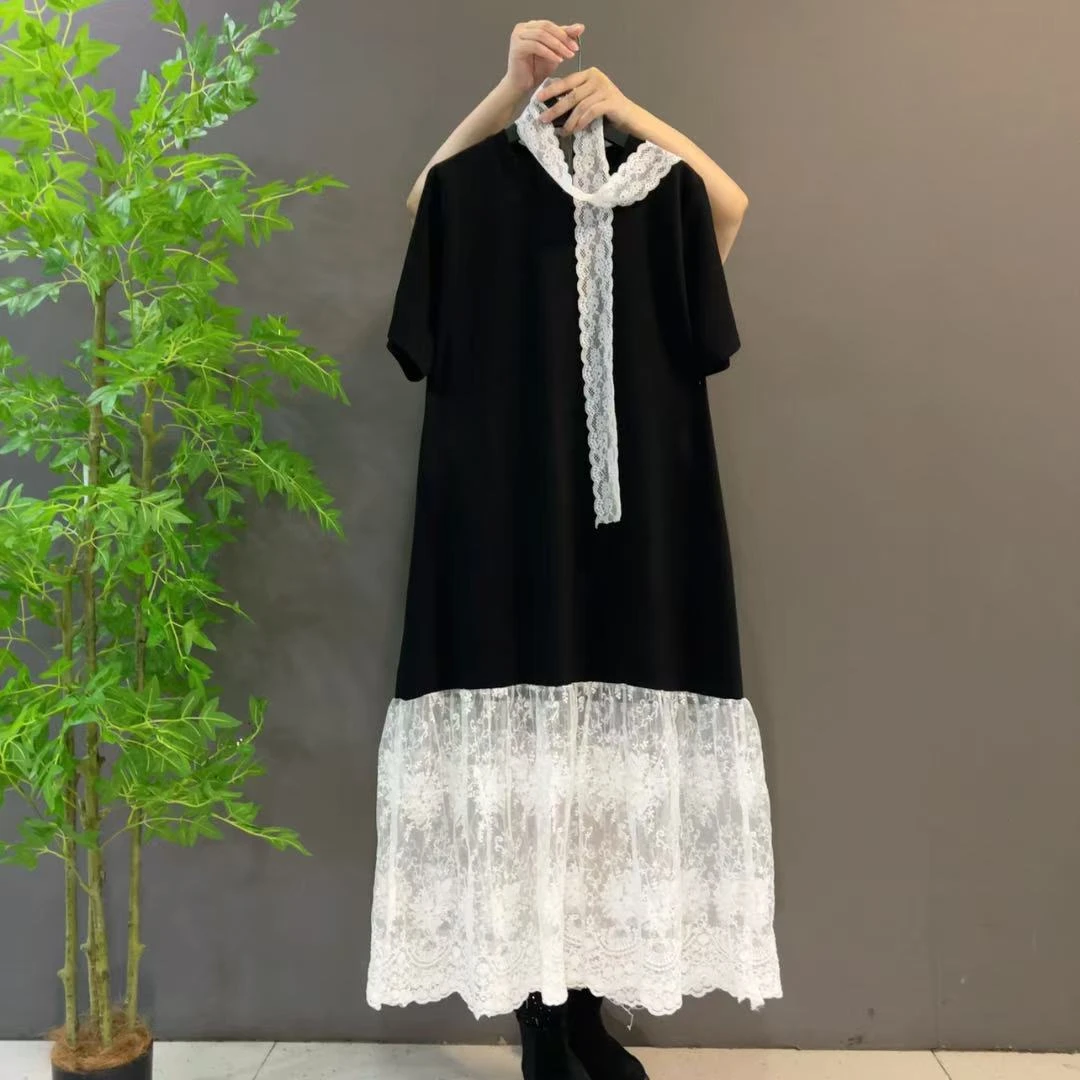 1371春夏新款韩版拼接蕾丝花边短袖T恤连衣裙中长款宽松大码显瘦
