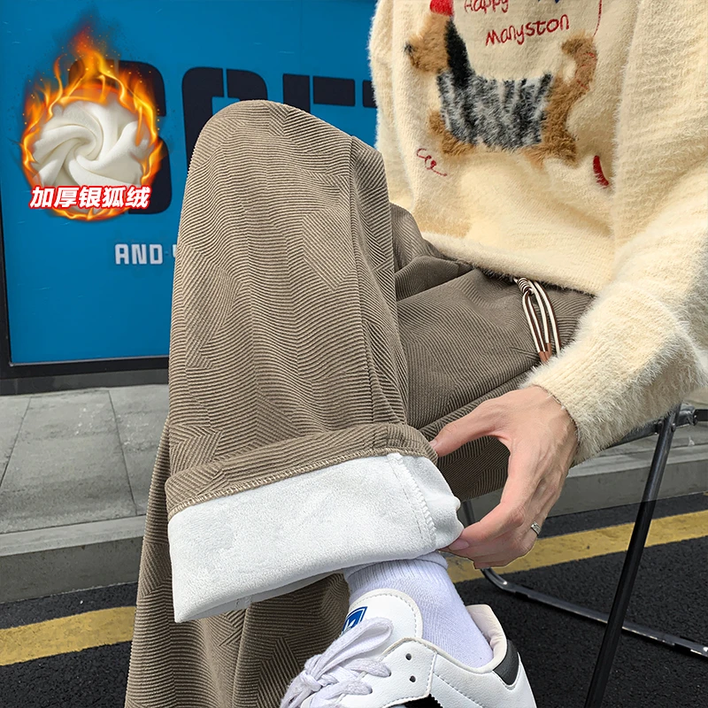 丝绒雕花加绒加厚裤子男秋冬美式复古宽松休闲裤潮牌直筒运动卫裤