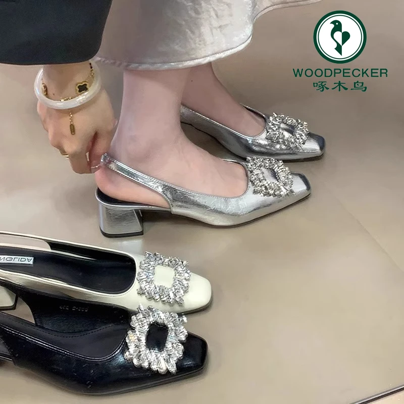 啄木鸟法式包头凉鞋女2025夏季新款水钻高跟鞋中粗跟后空晚晚单鞋