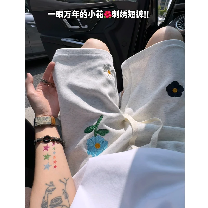 白花灰刺绣花卉运动短裤男款夏季美式复古篮球卫裤宽松休闲五分裤