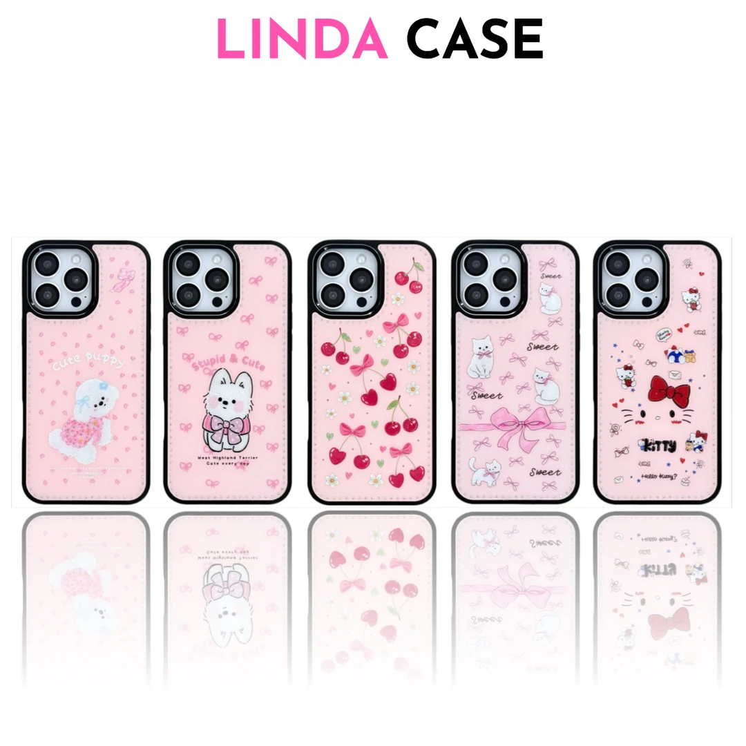 浮雕打印镶嵌钻边小狗樱桃小猫适用苹果16/15/14系列磁吸手机壳