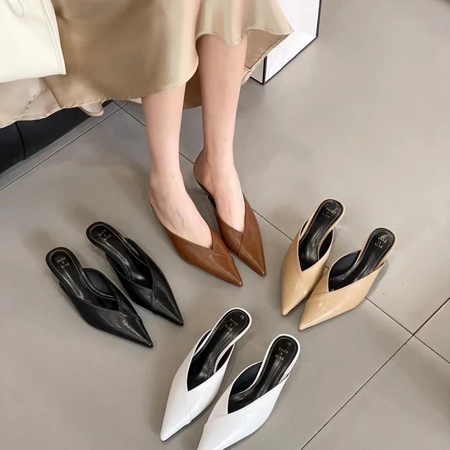 DASU 韩版简约尖头V口显瘦细跟凉拖鞋设计感小众猫跟包头半拖鞋