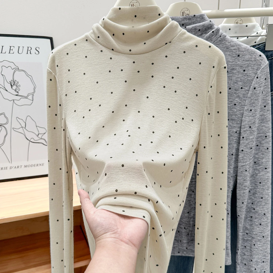 2025秋季爆款咖色高级感波点设计感百搭上衣薄款堆堆领修身小衫女