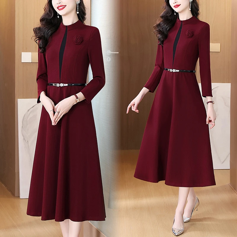 酒红色立领大摆连衣裙2025秋季时尚修身收腰显瘦气质长裙