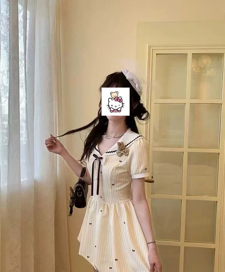 大码女装法式甜美蝴蝶结海军领条纹连衣裙2025夏收腰显瘦花苞短裙