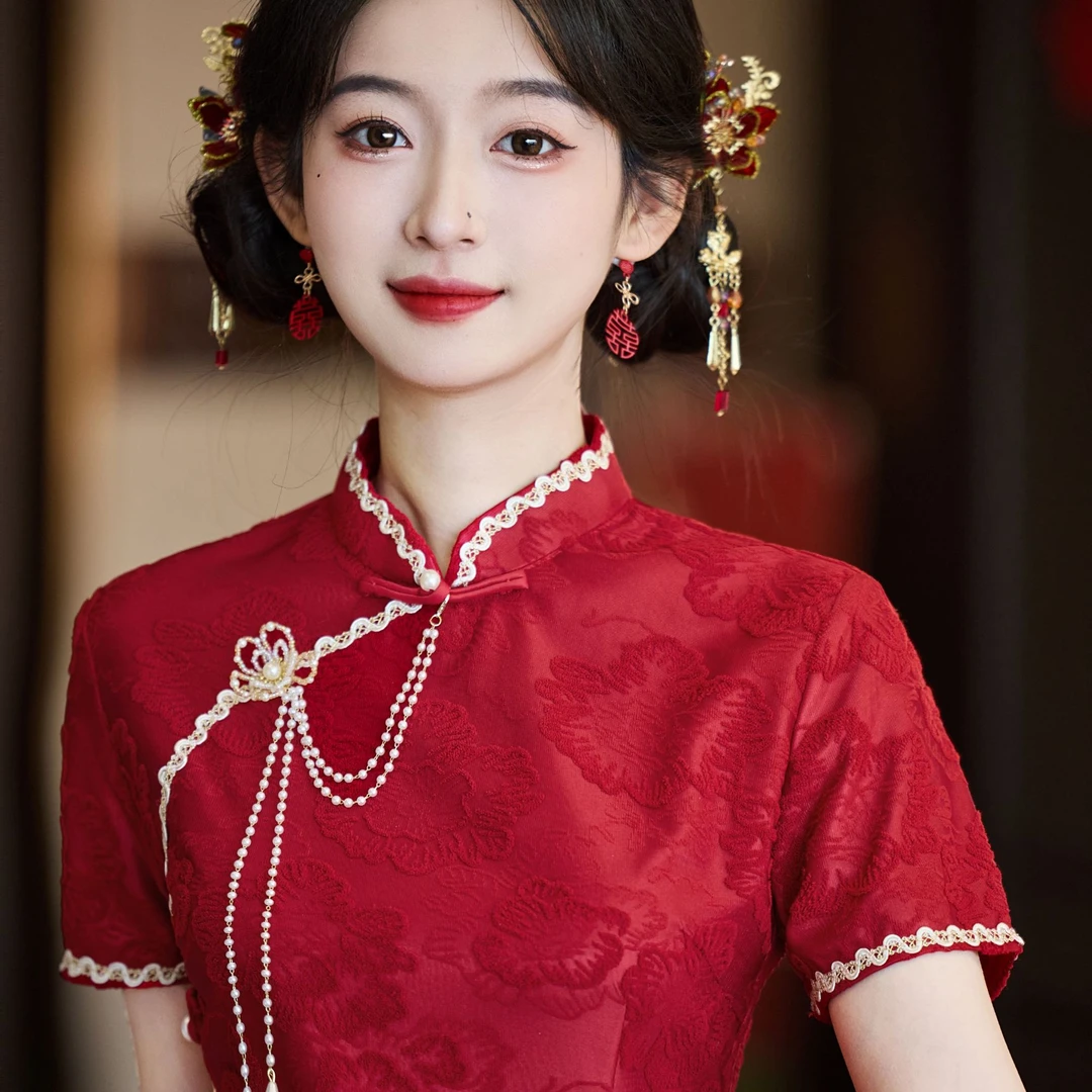 17A-【新禧】新中式短袖日常复古气质透气旗袍立领开衩长旗袍