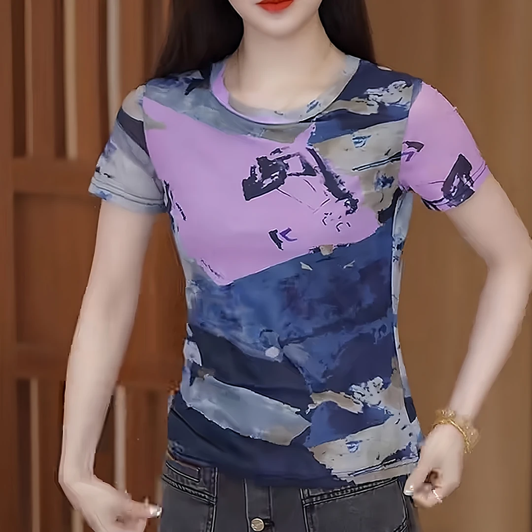 2025新中式夏款上衣轻薄宽松女短袖T恤透气水墨画竹节麻遮肉显瘦