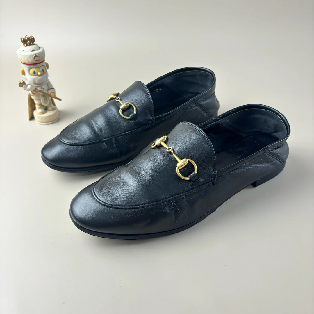 95新 GUCCI/古驰 黑金马衔扣低跟鞋 37码 YLP2947