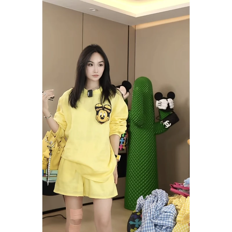 【劉發發】V167【卡通黄色亚麻】新款韩版百搭时尚高级长袖圆领长袖
