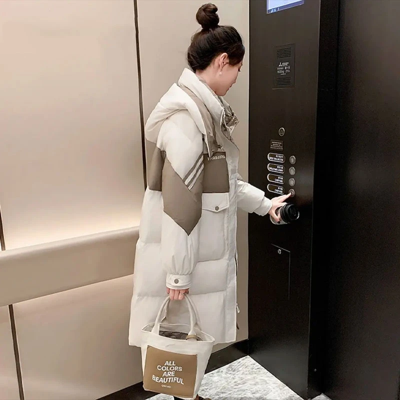 【李不了】韩版拼色中长款休闲百搭学院风羽绒服E088