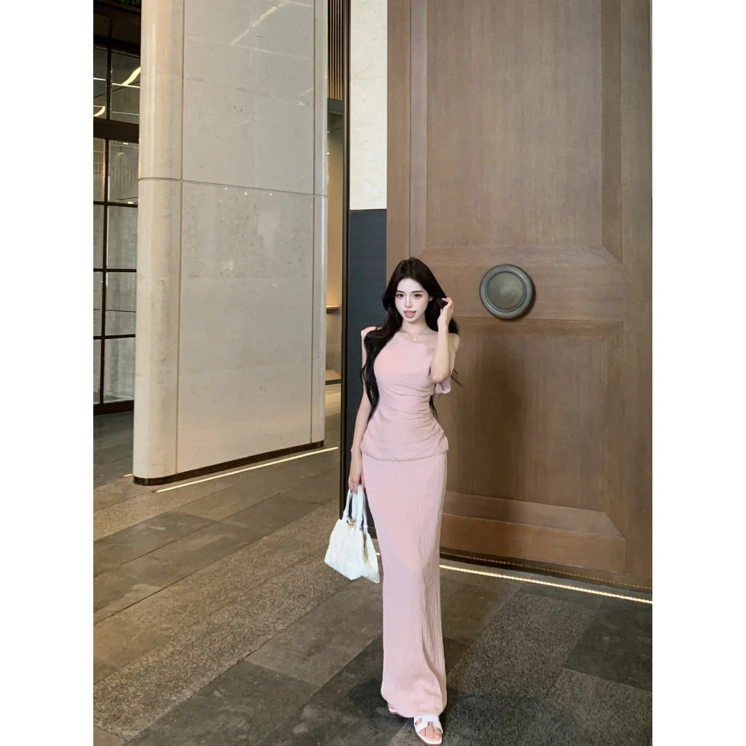 实拍实价！温柔气质法式斜肩修身显瘦上衣高腰直筒半身裙长裙套装