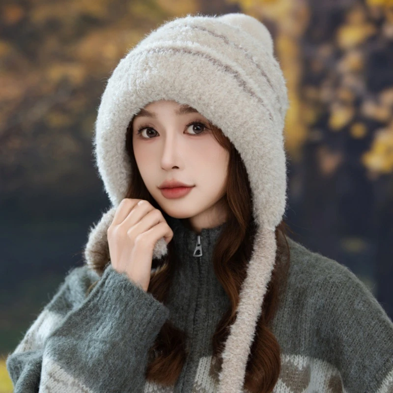 韩版百搭加厚冬天毛绒针织时尚女士加绒骑车防寒秋冬季保暖帽学生