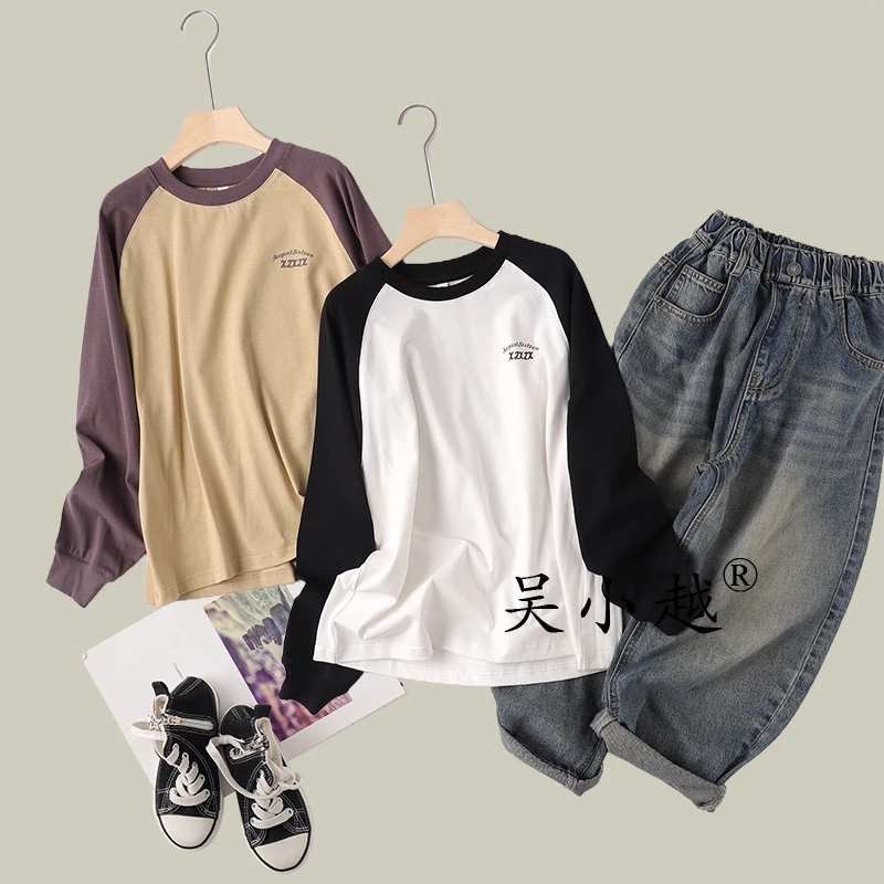 吴小越w1490男童春装圆领套头白色棉t恤长袖中大童儿童打底衫