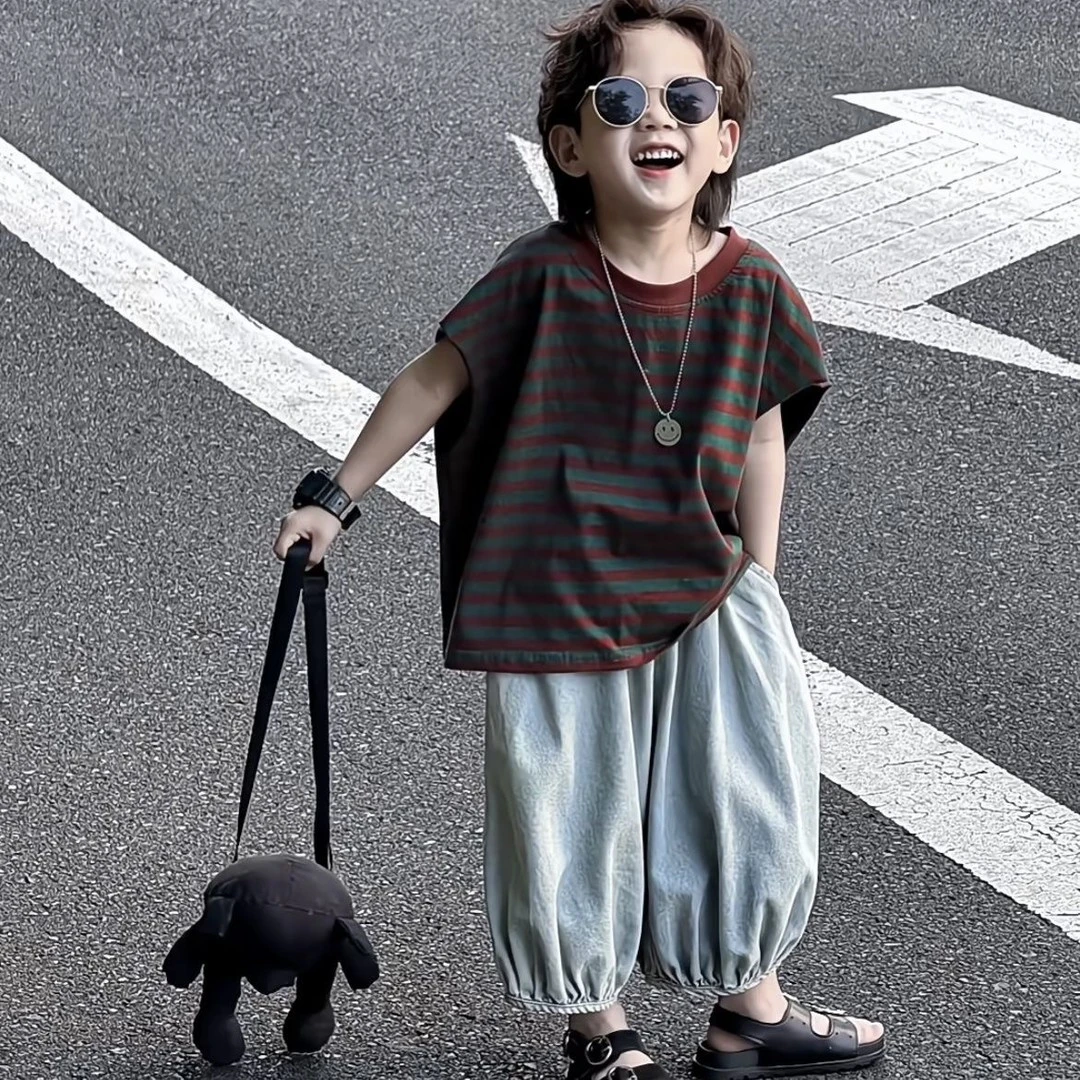 韩范痞帅男童夏季套装2025女童薄款背心牛仔短裤套装潮流两件套