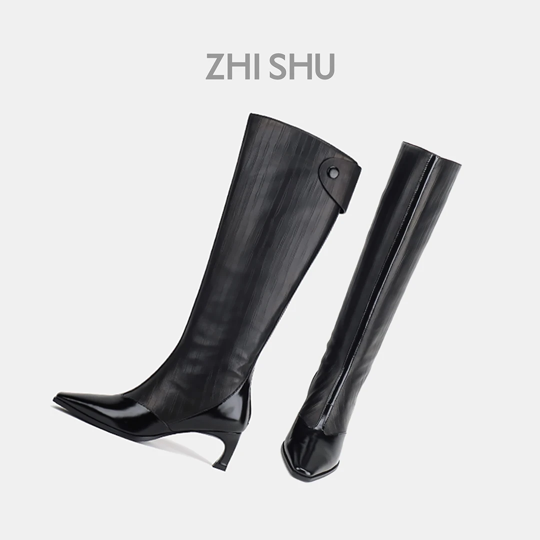 直述ZHISHU 25秋冬新品Art Deco高跟压纹羊皮长靴小方头高筒
