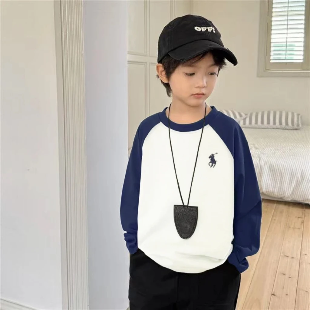 2025秋季新款儿童韩系休闲拼色长袖德绒打底衫印花韩版中大童撞色