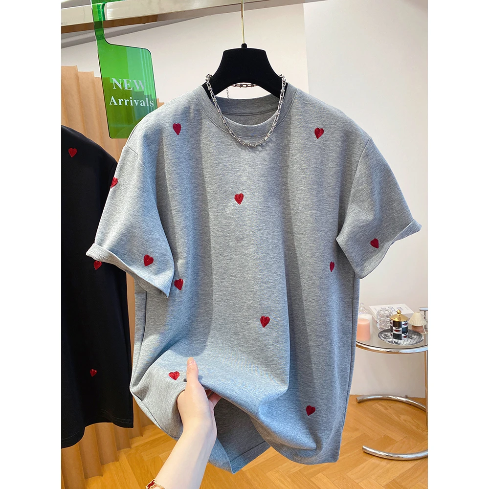 欧货240斤大码高级感爱心刺绣t恤女短袖2025新款胖mm宽松纯棉上衣
