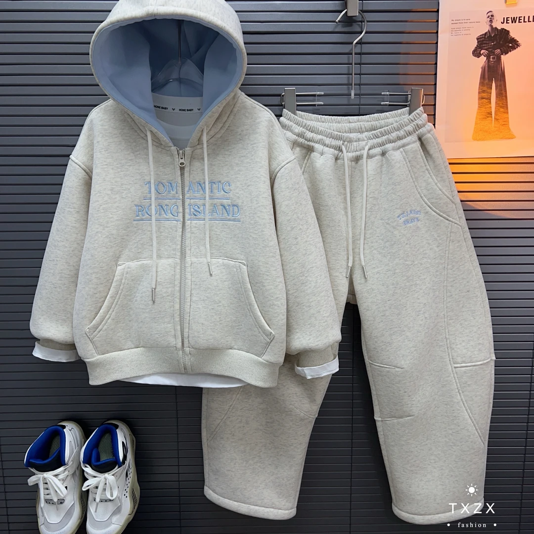 TX-25DY195冬季新款中大童韩版亲子拉链字母加绒加厚连帽套装