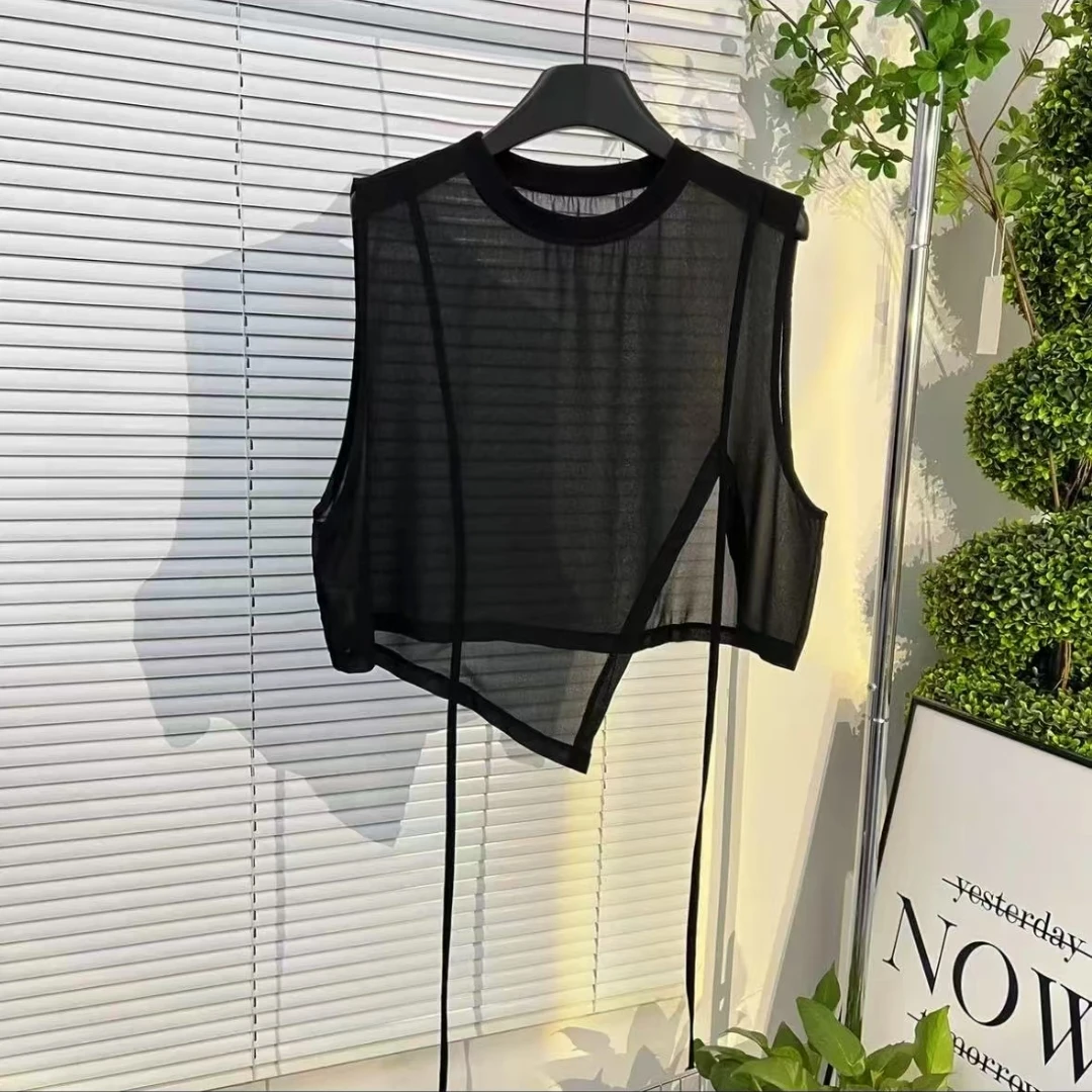 欧货洋气网纱上衣女2025夏季新款显瘦圆领不规则雪纺无袖背心马夹