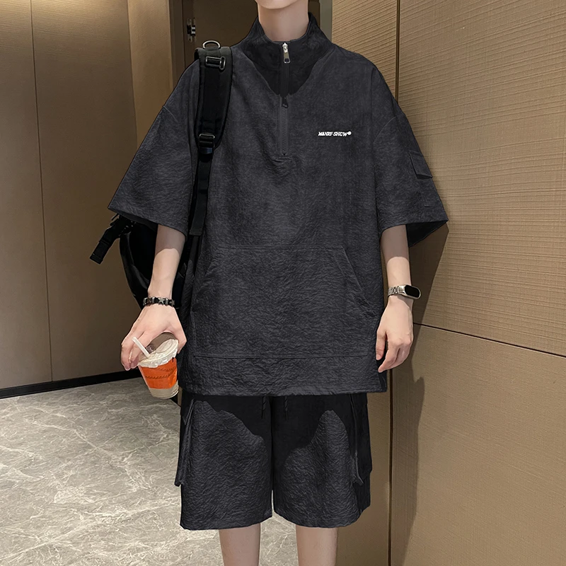 夏季扎染运动套装宽松大码男装百搭工装polo衫短裤美式休闲两件套