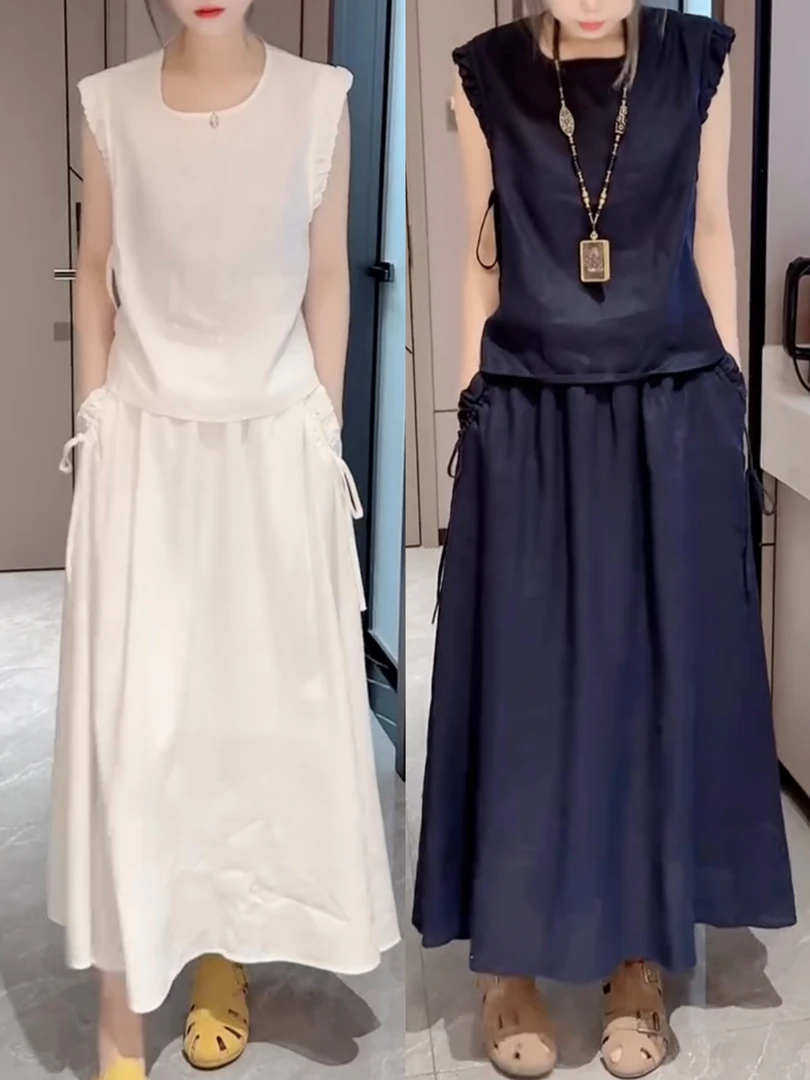夏季新款时尚分体棉麻套装洋气减龄马甲半身裙宽松显瘦穿搭两件套
