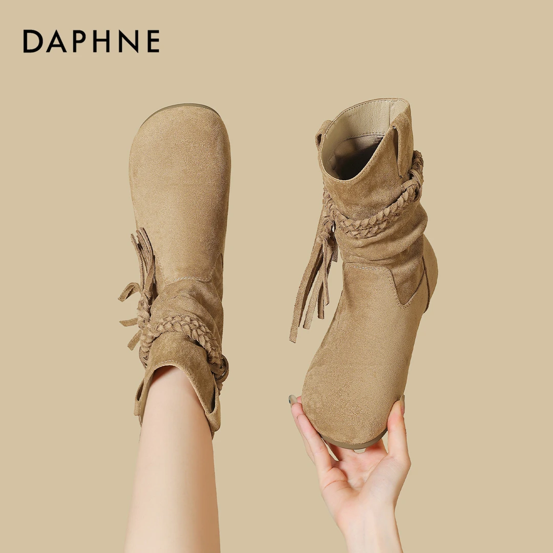 达芙妮品牌正品废土风马丁靴女2025秋季新款流苏西部堆堆靴时装靴