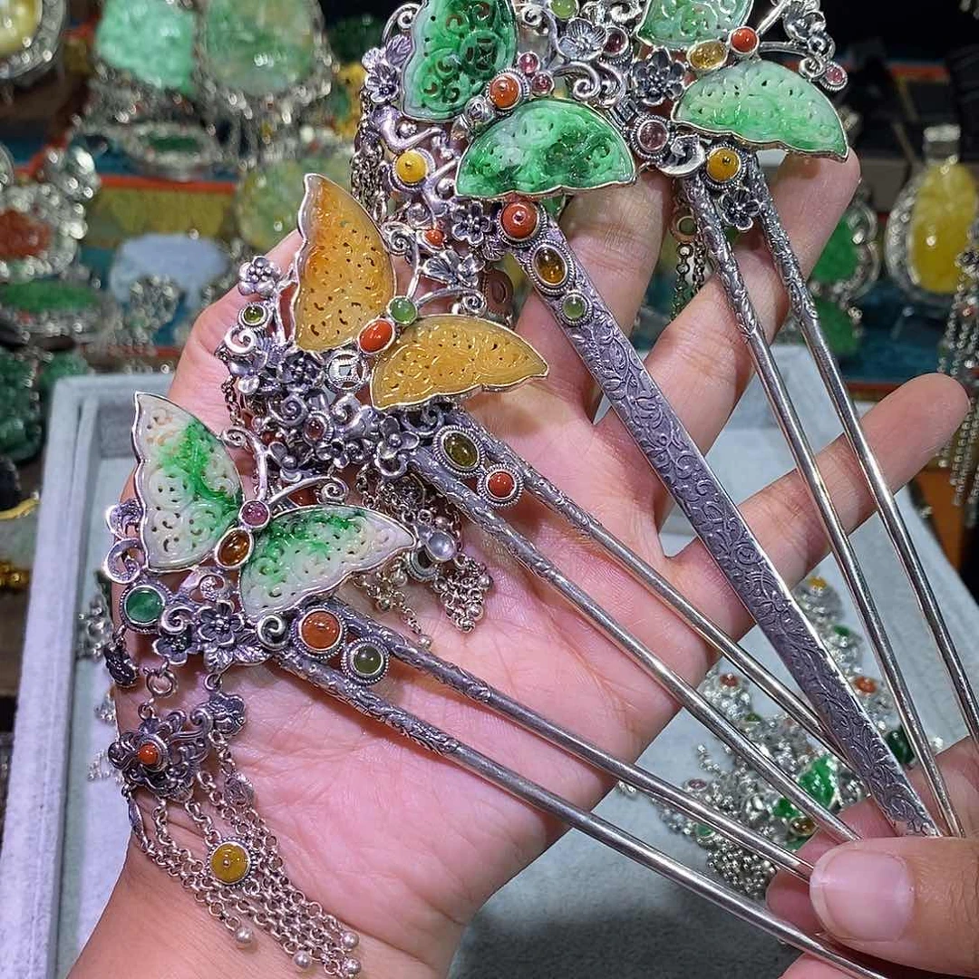 散珠翡翠蝴蝶发簪炸炸炸