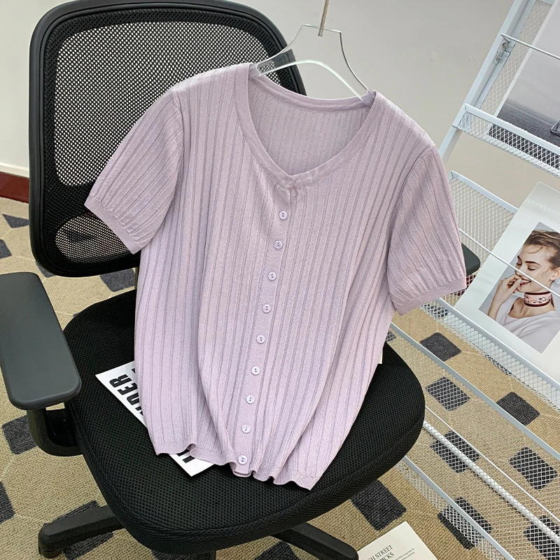 韩版时尚气质针织衫夏季轻薄透气显瘦打底衫短袖T恤上衣