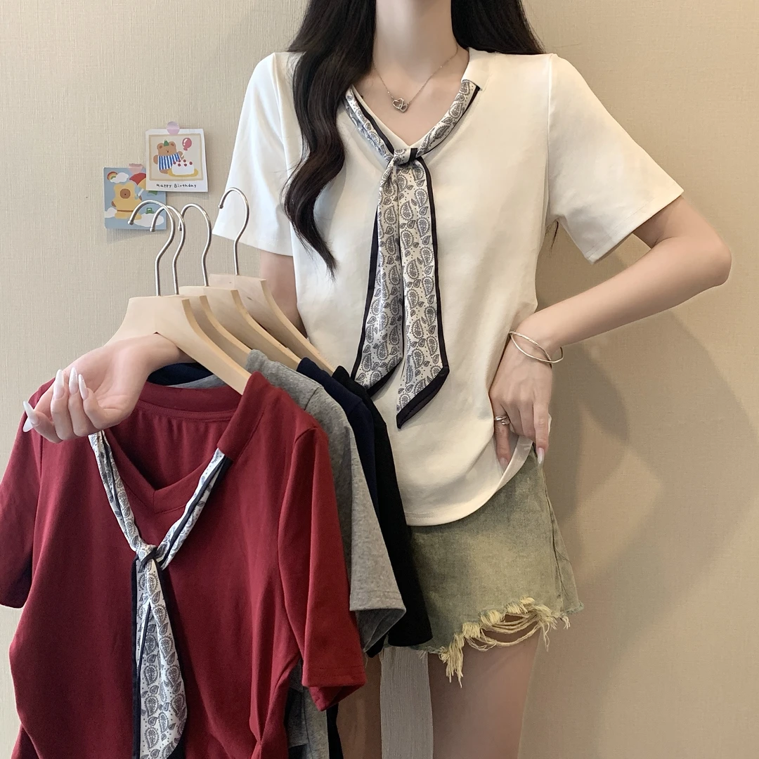 2025年夏季新款大码女装设计感丝巾系带短袖T恤女3296