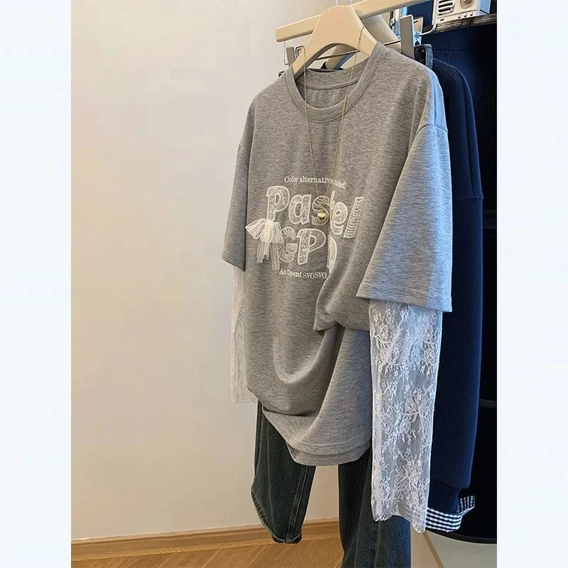 蕾丝拼接短袖T恤女夏季新款宽松慵懒风休闲假两件防晒衣小众上衣