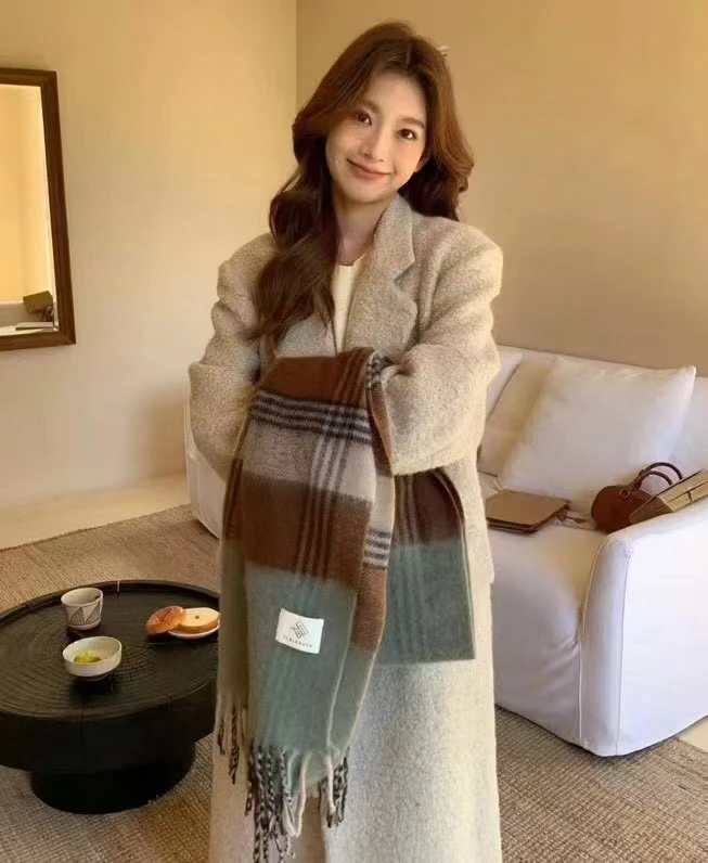 中性格子成人女保暖不掉色围巾拼色格子围脖长款秋冬季