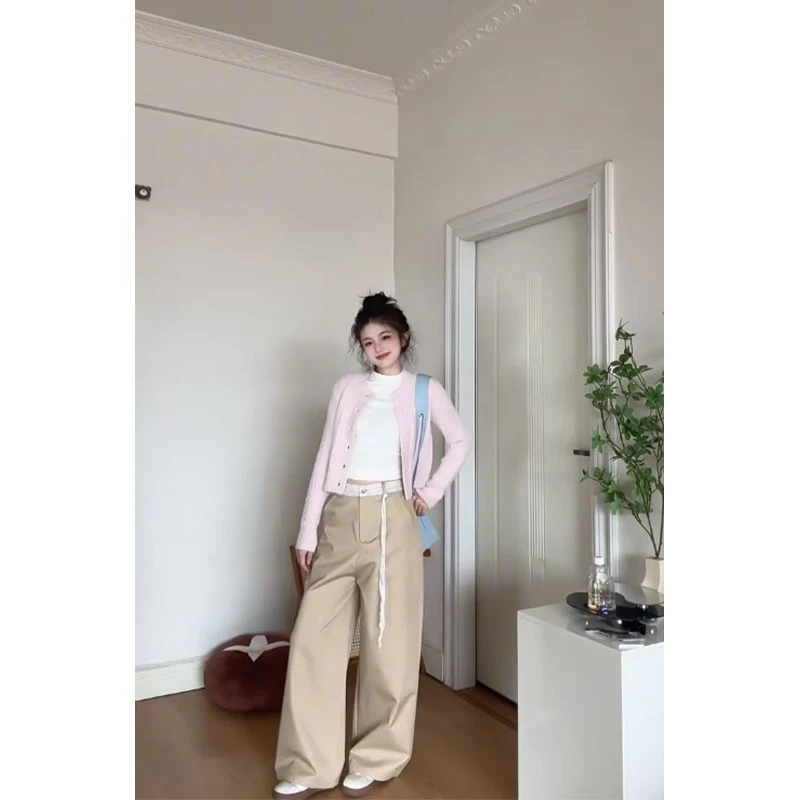 温柔风甜美打底T恤上衣修身百搭长袖针织开衫高腰拼接蕾丝阔腿裤