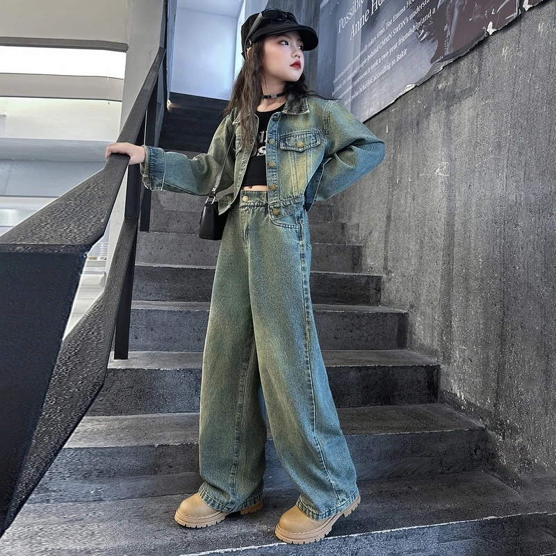 女童牛仔套装春秋2025新款洋气大童韩系外套6-12岁秋装儿童两件套