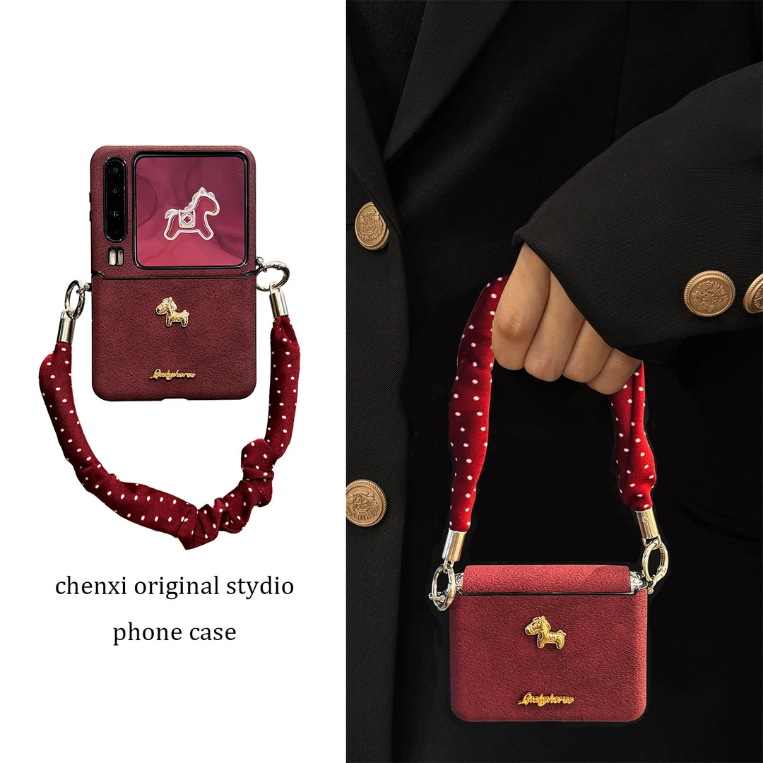 适用华为purax典藏版手机壳酒红月坑纹pocket2立体英文小金马手绳