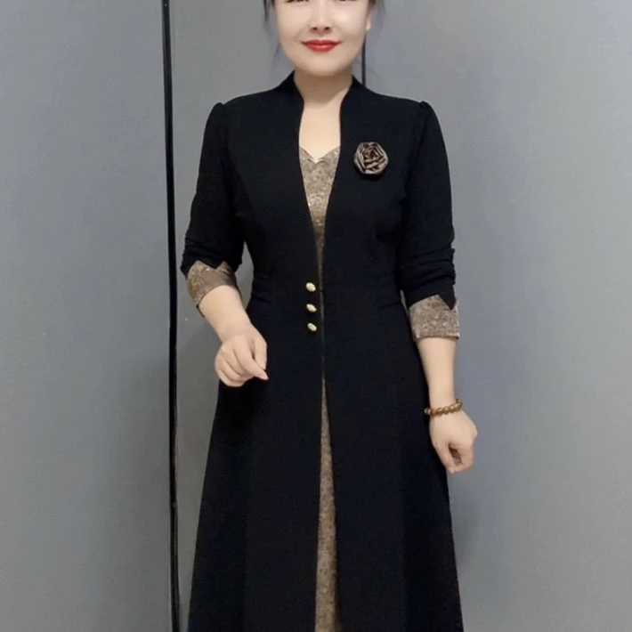 秋冬季新款2376款妈妈装假两件连衣裙显瘦修身气质遮肚时尚洋气