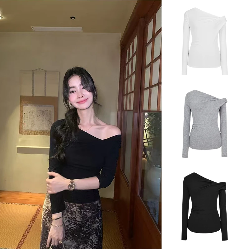 Moses Queen/魔西女王新款荡领斜肩一字肩长袖T恤显瘦打底衫上衣