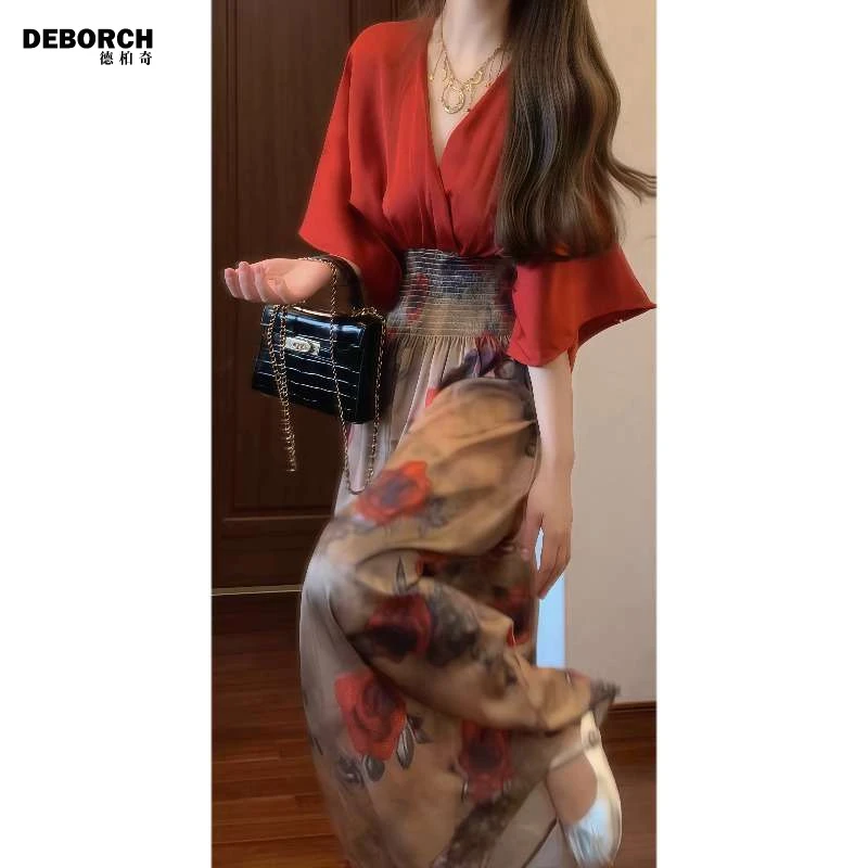 复古时尚气质V领茶歇洋装温柔风超好看收腰修身长裙2025年夏季