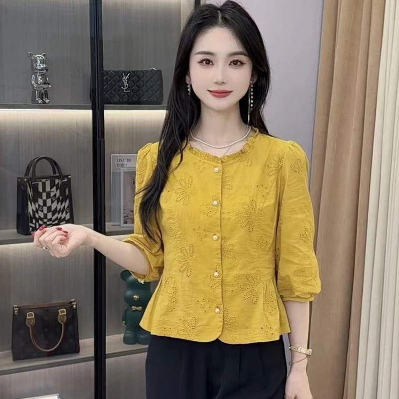 2025夏季新款法式花边圆领衬衫女早秋新款洋气减龄显瘦百搭上衣潮