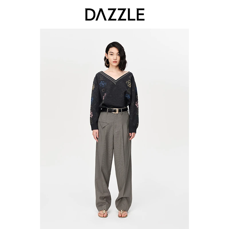 专选DAZZLE地素法式宽松V领提花针织毛衣2E3E4326F