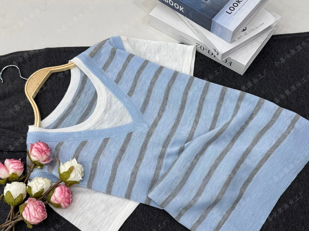 【蓝色条纹假两件】夏季新款百搭宽松设计感上衣 QC3080