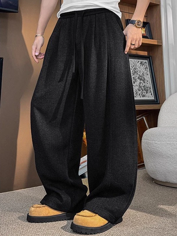 黑色混纺阔腿直筒卫裤男秋冬加厚裤子宽松bf慵懒风松弛感休闲长裤
