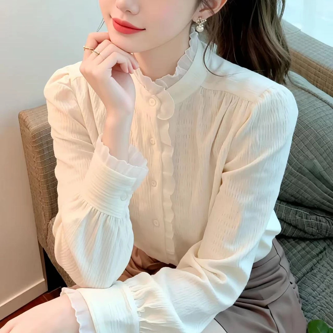 【301-400号】嘉文QGG-香香家木耳花边立领衬衫女气质百搭