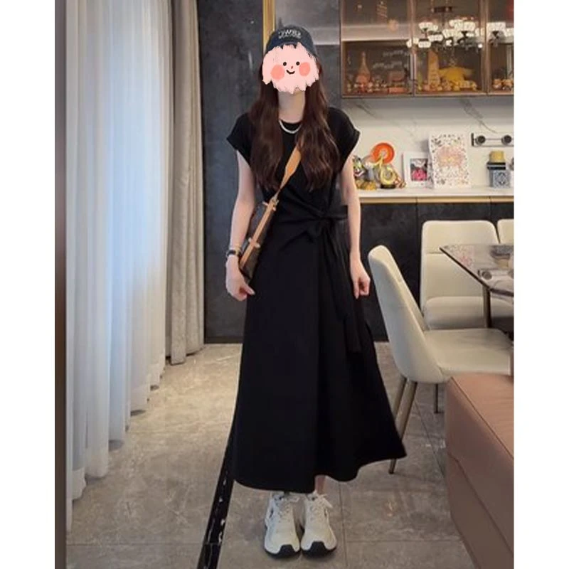 时尚绑带收腰连衣裙女款2025年夏季新款韩系高级感短袖T恤长裙子