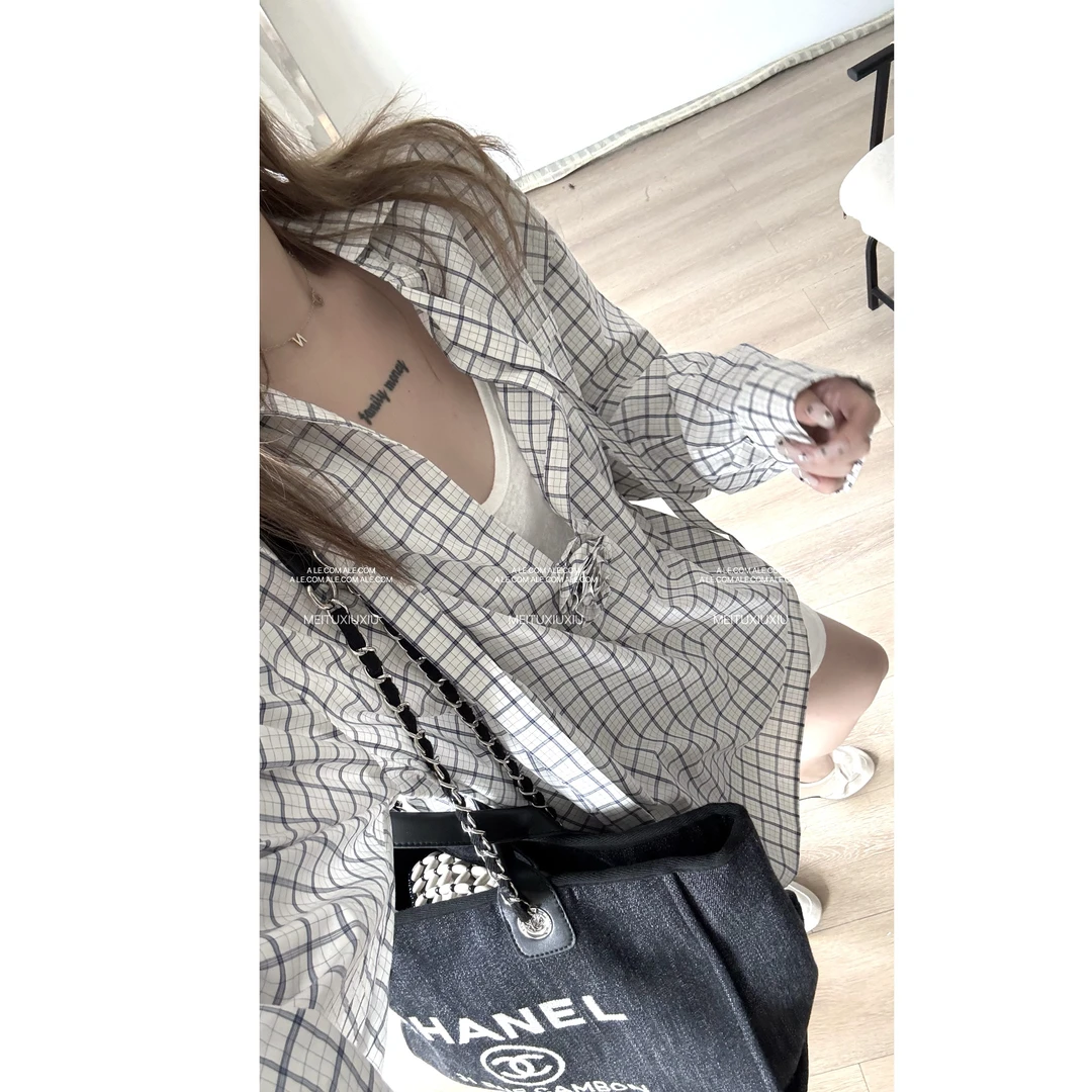 【阿乐家】大码微胖“新贵少女“复古小众设计感立体花朵飘带格子衬衫