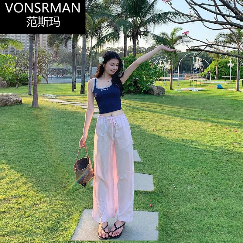 韩系粉色裤子女2025夏季薄款速干九分小个子直筒裤休闲阔腿裤