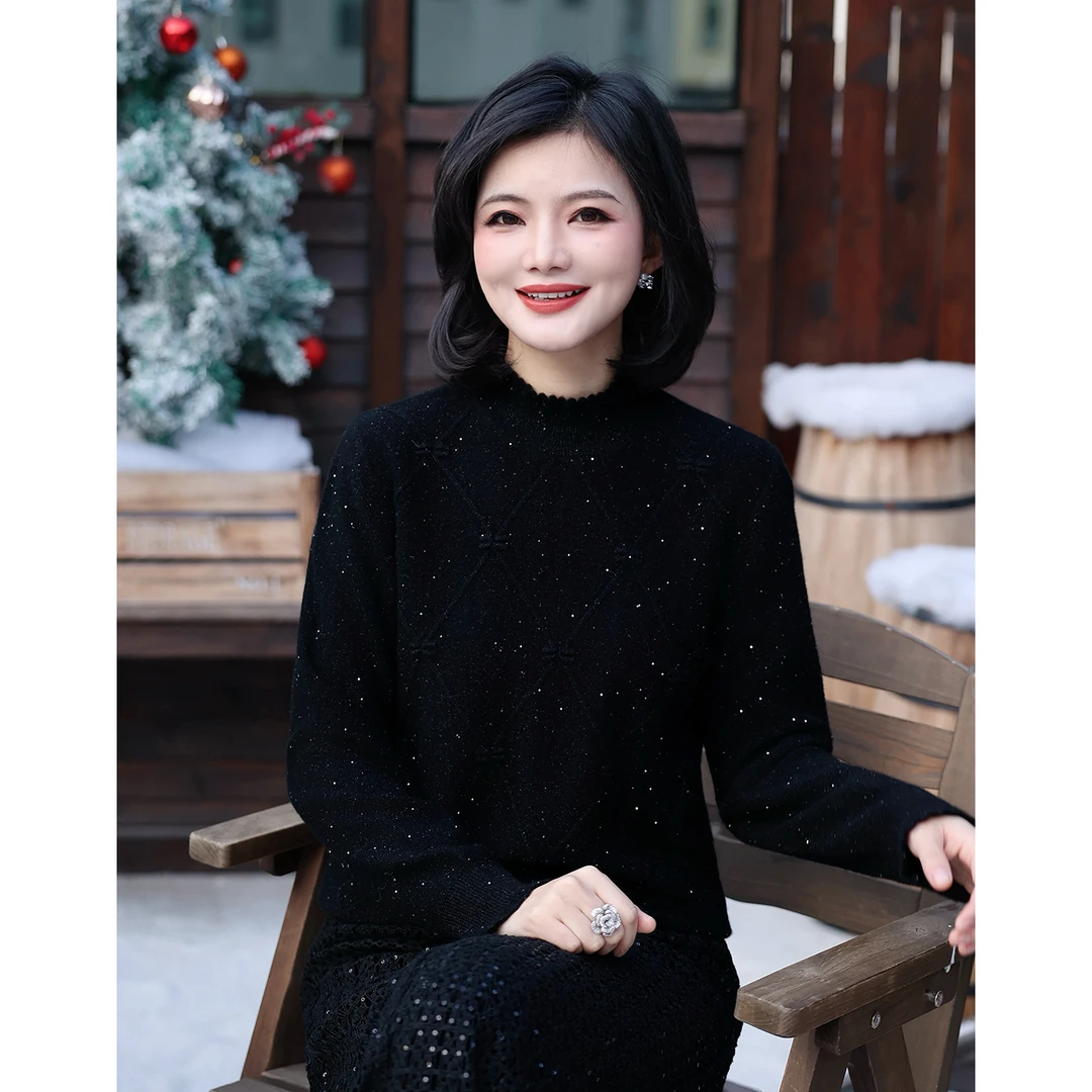 枫竺阿楠anan气质花边领亮闪国风提花羊毛针织衫女冬季保暖毛衣