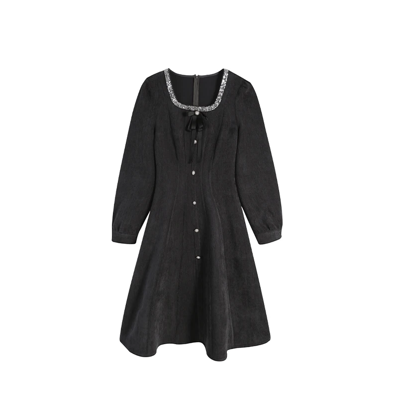 灰色秋冬长款气质蕾丝时尚显瘦连衣裙长裙黑色裙子ZL55124